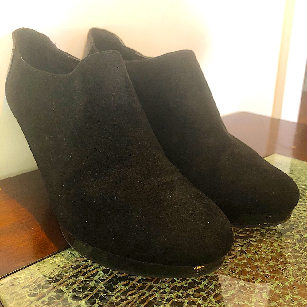 Black Microsuede Booties/ Black Rhinestone Wedges